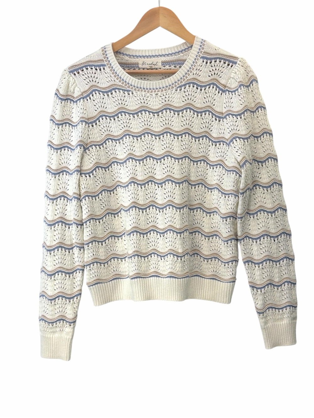 Marled Cream Eyelet Knit Sweater with Blue and Tan Stripes Size Large - Picture 2 of 7